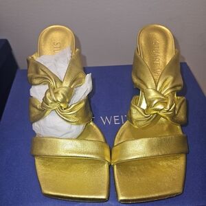Stuart Weitzman Metallic Gold Knotted Slide Heels